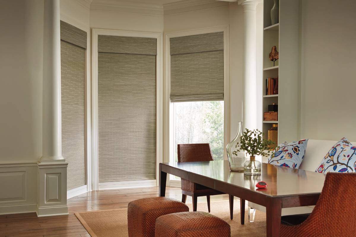 Decorative window shades in a living room near Spearfish, SD